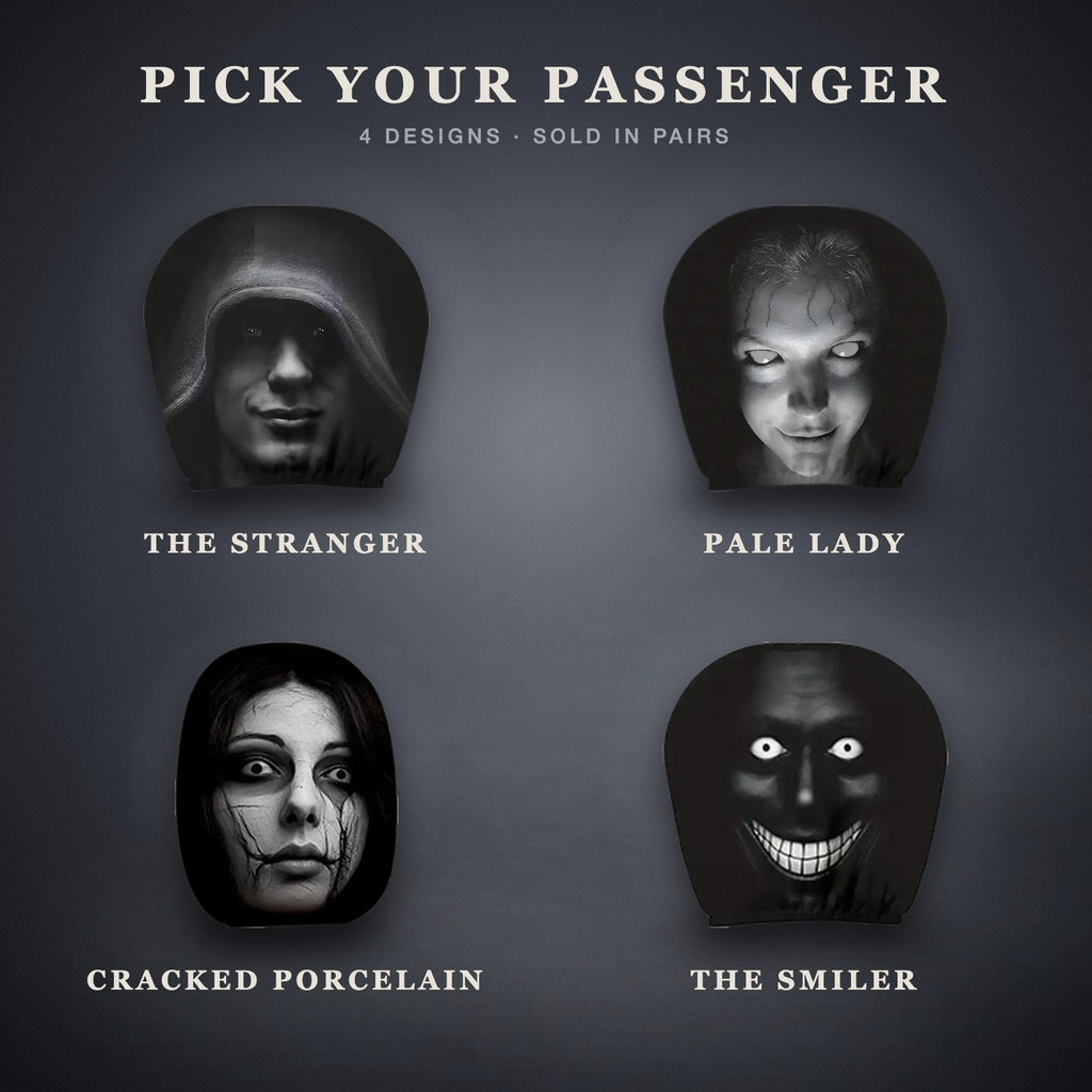 All four horror face headrest cover designs: The Stranger, Pale Lady, Cracked Porcelain and The Smiler