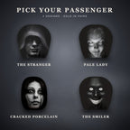 All four horror face headrest cover designs: The Stranger, Pale Lady, Cracked Porcelain and The Smiler
