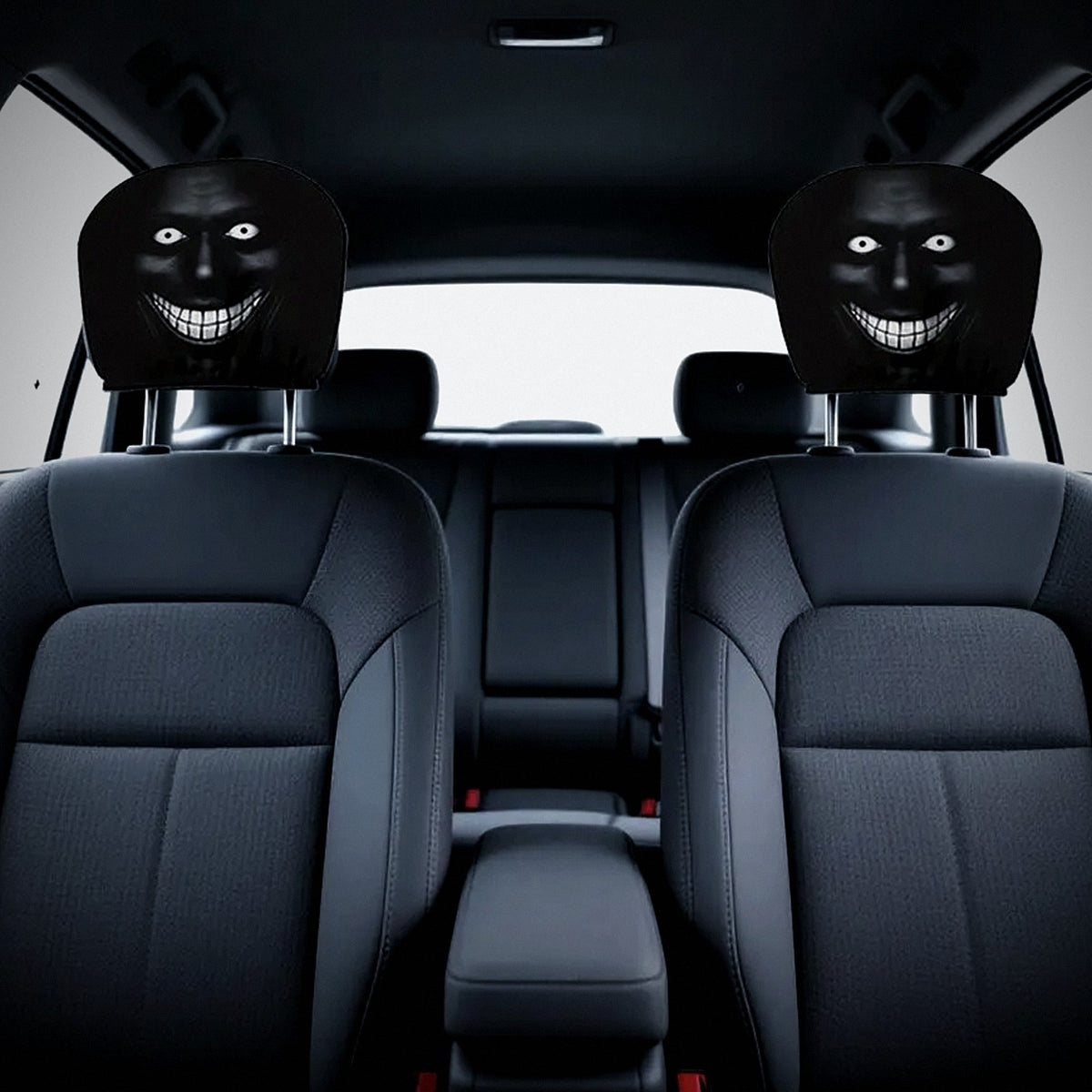 The Smiler covers on both front headrests, seen from the back seat